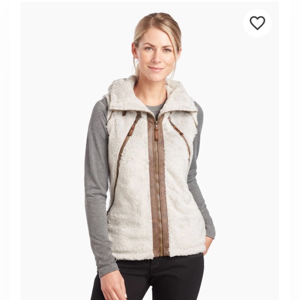 Kuhl flight vest fleece faux fur hood zip outdoor hiking womens L